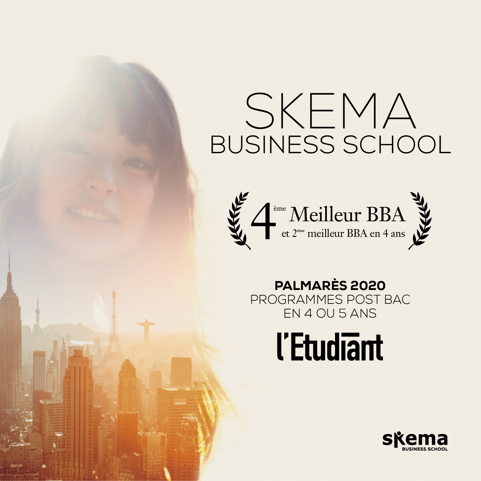 2019年11月，法国知名报刊《l’Etudiant》大学­生报公布了其2020年法国高等商学院本科项目综合排名。SKEMA商学院的排名持续取得进步：国际本科BBA项目全法综合排名第4，在四年制本科项目类别中排名全法第2。